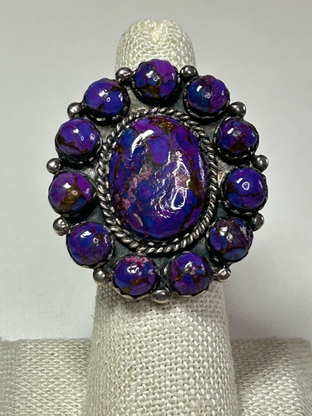Navajo Signes YO Sterling Silver Purple Cluster Stone Ring Size 6